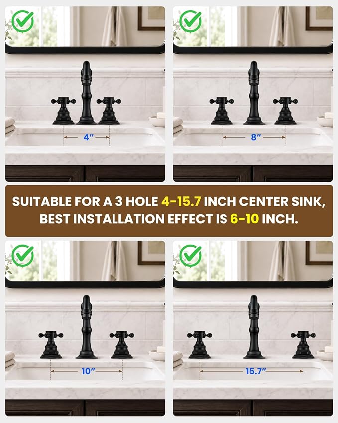gotonovo 3 Hole 8’’ Widespread Bathroom Sink Faucet Matte Black | Vintage Bathroom Faucet,2 Cross Handle,6-16’’ Sink,Vanity,Basin,RV,Farmhouse,SUS304,24’’ cUPC Hose Pop Up Drain,Deck Mount