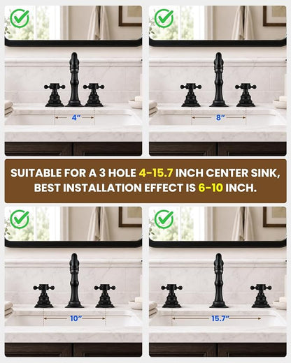 gotonovo 3 Hole 8’’ Widespread Bathroom Sink Faucet Matte Black | Vintage Bathroom Faucet,2 Cross Handle,6-16’’ Sink,Vanity,Basin,RV,Farmhouse,SUS304,24’’ cUPC Hose Pop Up Drain,Deck Mount