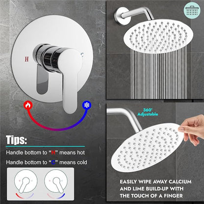 Heyalan 8-Inch Round Rain Shower Faucet Set with Valve,Polished Chrome | SUS304 stainless steel shower head, brass rough-in valve, single-handle control, 1.8 GPM, ideal for bathroom remodels