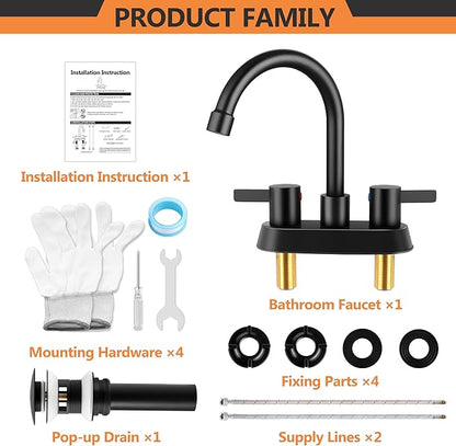Herogo 2-Handle Centerset Bathroom Faucet Matte Black, Stainless Steel Vanity Sink Faucet 2-3 Hole with Drain Assembly, 360 Swivel Spout and Supply Hose for Farmhouse RV