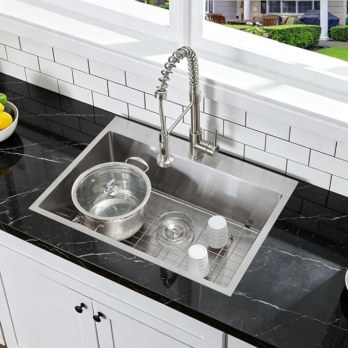 VCCUCINE 28x18 Inch Drop in Kitchen Sink 16 Gauge Top Mount Handmade T304 Brushed Nickel Kitchen Sink,Stainless Steel Single Bowl Workstation Topmount Overmount Sink with Strainer