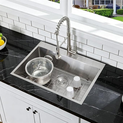 VCCUCINE 28x18 Inch Drop in Kitchen Sink 16 Gauge Top Mount Handmade T304 Brushed Nickel Kitchen Sink,Stainless Steel Single Bowl Workstation Topmount Overmount Sink with Strainer