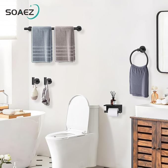 Matte Black Bathroom Hardware Set, 5 Pieces Black Towel Bar Bathroom Accessories Set, Upgraded Toilet Paper Holder with Shelf, 23.6 Inch Towel Rack Towel Holder for Bathroom Wall