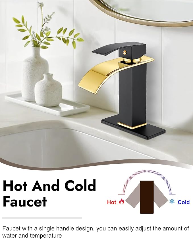 Midanya Waterfall Bathroom Faucet 1 Hole,Polish Gold Spout/Matte Black | with 24” Hoses,Pop Up Drain,6” Deck Plate,for 1 or 3 Hole Vanity,Lavatory,RV,Single Handle Bathroom Sink Faucet,NSF Certified