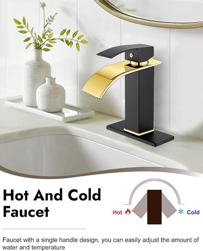 Midanya Waterfall Bathroom Faucet 1 Hole,Polish Gold Spout/Matte Black | with 24” Hoses,Pop Up Drain,6” Deck Plate,for 1 or 3 Hole Vanity,Lavatory,RV,Single Handle Bathroom Sink Faucet,NSF Certified