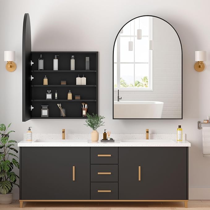 Medicine Cabinets for Bathroom, Black Arched Medicine Cabinet Recessed or Surface Wall-Mounted,Modern Bathroom Vanity Mirror with Storage, Mirrored Cabinet with Adjustable Shelves,24x36 Inch