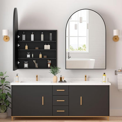 Medicine Cabinets for Bathroom, Black Arched Medicine Cabinet Recessed or Surface Wall-Mounted,Modern Bathroom Vanity Mirror with Storage, Mirrored Cabinet with Adjustable Shelves,24x36 Inch