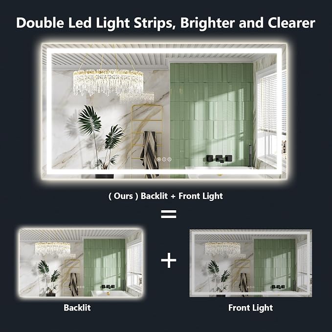68x38 LED Bathroom Mirror with Lights, Lighted Vanity Mirror | Backlit and Front Light, Anti-Fog, 3 Color Dimmable, Memory, Tempered Glass, IP54 Waterproof, UL Listed