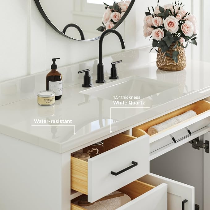 ARIEL Hepburn 60-inch Bathroom Vanity with Sink,Solid Wood, 1.5-inch Pure White Quartz Countertop & Backsplash, Single Rectangular Porcelain Sink, 2 Soft Closing Doors, 9 Dovetail Drawers, White