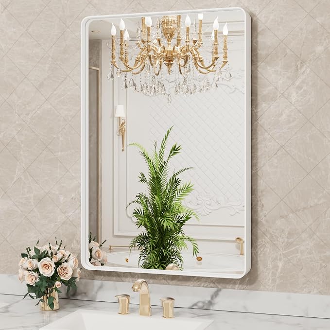 LOAAO White Metal Framed Bathroom Mirror, 30x36 Inch | Rounded Rectangle, Anti-Rust, Tempered Glass, Hangs Horizontally or Vertically