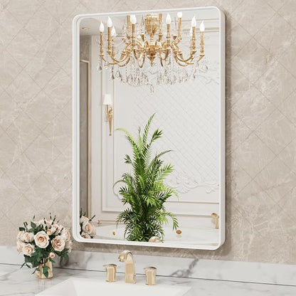 LOAAO 32x36 Inch White Metal Framed Bathroom Mirror | Rounded Rectangle, Anti-Rust, Tempered Glass, Hangs Horizontally or Vertically