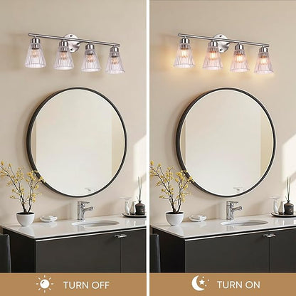 4-Light Bathroom Vanity Light, Brushed Nickel Bathroom Light Fixtures Over Mirror with Stripe Glass, Modern Wall Lamp, Wall Sconces Lighting for Living Room Bedroom Kitchen Hallway