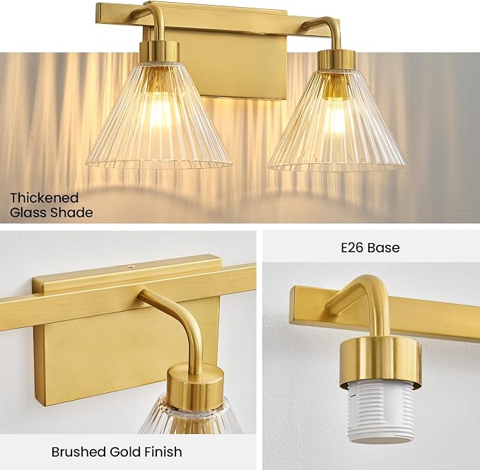 AIJIASI Bathroom Light Fixtures 2-Light Brushed Gold Vanity Lights 16 Inch Bathroom Lighting Fixtures Over Mirror with Ribbed Glass Shade Modern Wall Sconces for Living Room Hallway