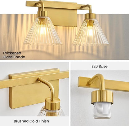 AIJIASI Bathroom Light Fixtures 2-Light Brushed Gold Vanity Lights 16 Inch Bathroom Lighting Fixtures Over Mirror with Ribbed Glass Shade Modern Wall Sconces for Living Room Hallway