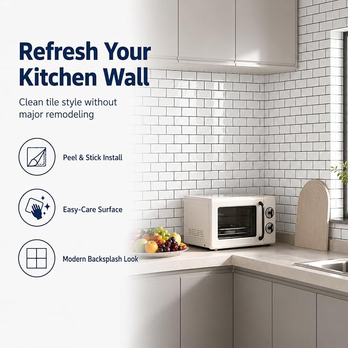 Peel and Stick Backsplash for Kitchen, White and Black | 10 pack self‑adhesive tiles for backsplash, bathroom, or accent wall. Easy DIY install and wipeable. Covers approx. 10 sq ft.