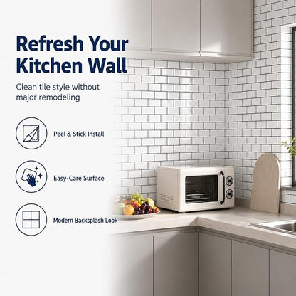 Peel and Stick Backsplash for Kitchen, White and Black | 10 pack self‑adhesive tiles for backsplash, bathroom, or accent wall. Easy DIY install and wipeable. Covers approx. 10 sq ft.