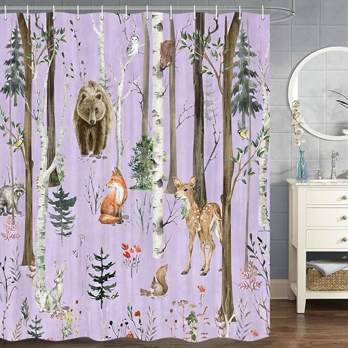 JAWO Rustic Forest Shower Curtains, Lodge Cabin Woodsy RV Shower Curtain, Wildlife Animals Woodland Campers Camping Bathroom Set with Hooks, 72X75 Inch, Purple