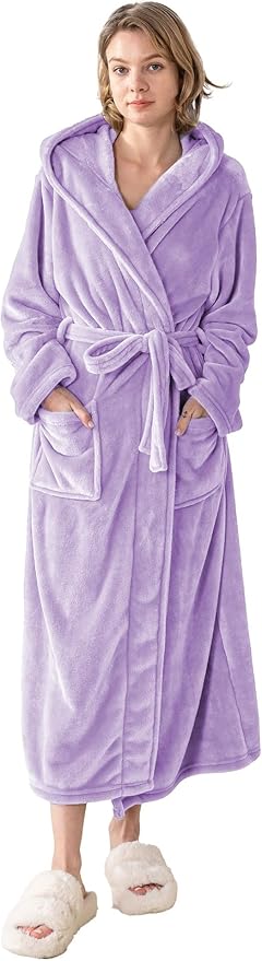 Robes for Women - Hooded Plush Fleece Bathrobe with Sash & Pockets, Full-Length Lightweight Spa Robe