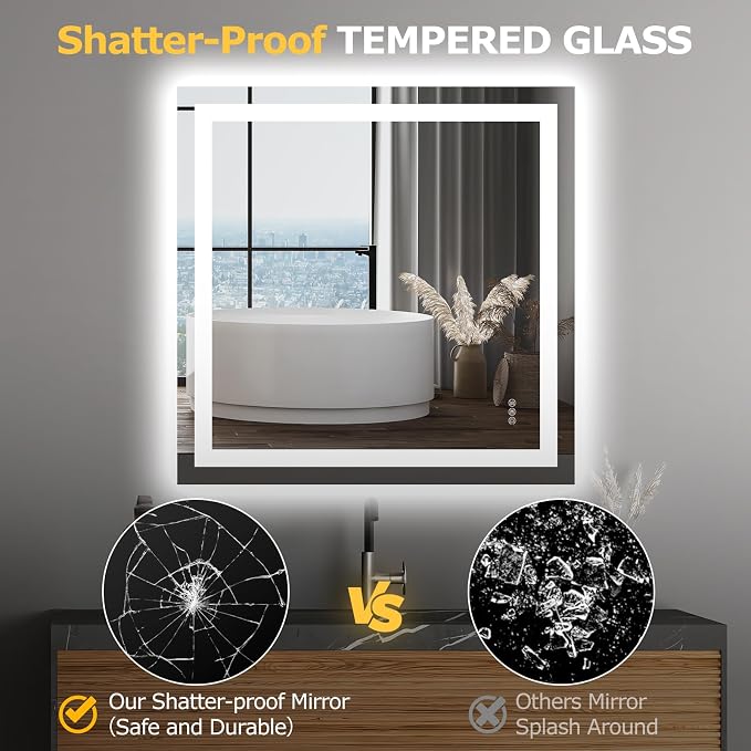 Hivone 36"X36" LED Bathroom Mirror with Lights, Anti-Fog, Dimmable, Backlit + Front Lit, Smart Bathroom Vanity Mirror, Memory Function, Shatterproof, Tempered Glass (Horizontal/Vertical)
