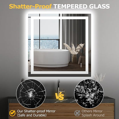 Hivone 36"X36" LED Bathroom Mirror with Lights, Anti-Fog, Dimmable, Backlit + Front Lit, Smart Bathroom Vanity Mirror, Memory Function, Shatterproof, Tempered Glass (Horizontal/Vertical)