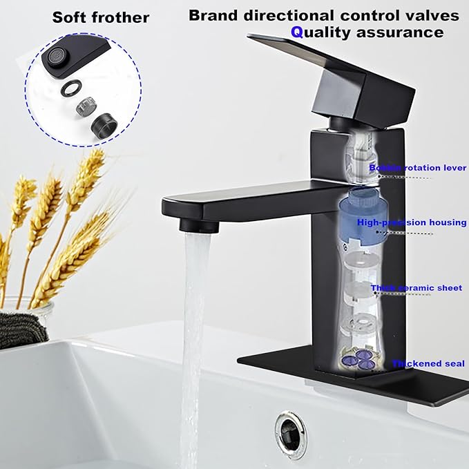 Black faucet with labeled parts on a white background