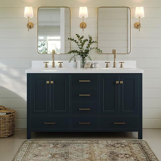 ARIEL Cambridge 60-inch Bathroom Vanity Base Cabinet,Solid Wood, 4 Soft Closing Doors, 6 Dovetail Drawers, Midnight Blue