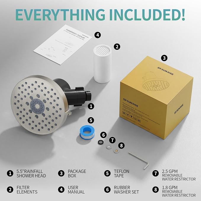 SR SUN RISE Filtered Shower Head with Filters,High Pressure Rain Shower Head,20-Stage Shower Filter,1.8/2.5 GPM Flow Rate,6 Spray Modes for Hard Water Softener (Brushed Nickel,5.5 Inch)