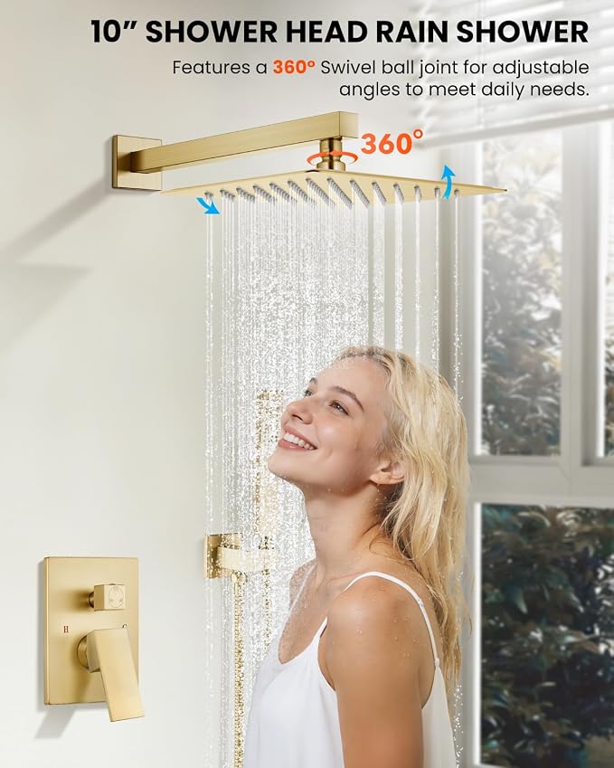 gotonovo Tub Shower Faucet Set with Valve 10'' Rain Head,Brushed Gold | Waterfall Tub Spout Shower System,Bathtub Faucet Set,SUS304 Rain Head with Handheld,Brass Valve Trim Kit,All Metal,Wall Mount
