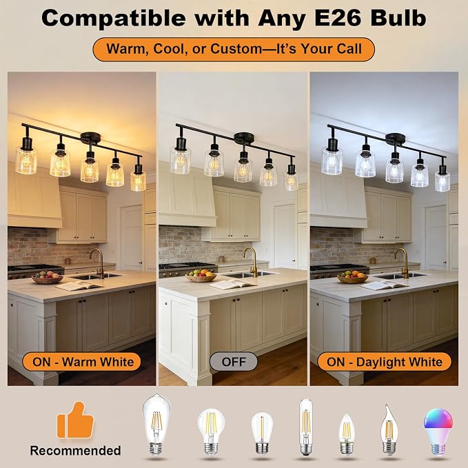 HiBay 5-Light Black Track Lighting Fixture Ceiling Flexible Glass Spotlight | Multi Directional & Foldable, Modern Farmhouse Industrial, for Kitchen, Living Room, Home Office, E26 Base