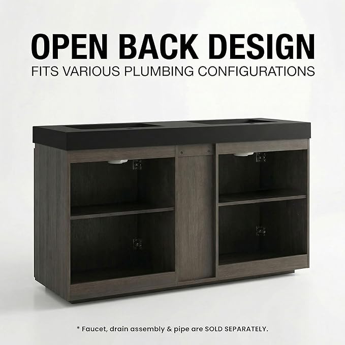 60" Double Bathroom Vanity with Sink Combo, Mid Century Modern Bathroom Cabinet with Doors & Shelves, Black Integrated Sink with Overflow, Smoked Oak