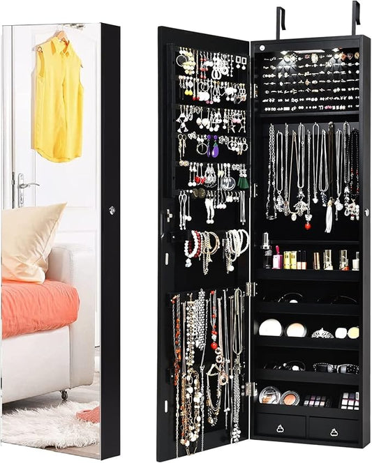 Byroce 47.5''H Jewelry Armoire, Over the Door/Wall Mounted, Full Length Mirror with Jewelry Storage, 2-LED Lockable Jewelry Cabinet with 2 Drawers, Hanging Jewelry Organizer for Bedroom (Black)