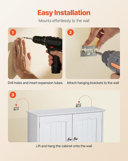 VEVOR Bathroom Wall Cabinet, 23" W x 27" H Storage Medicine Cabinet Wall Mounted, Hanging Organizer with Open Partition and Towel Bar for Laundry Room Kitchen, White