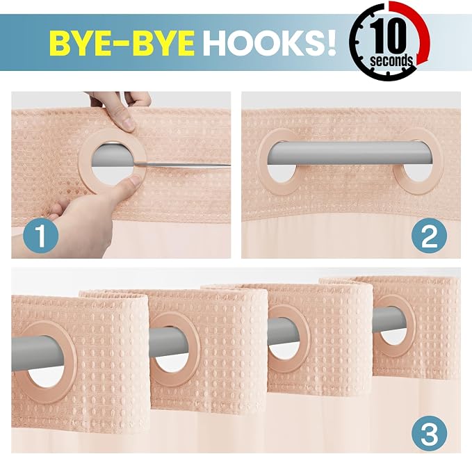 SORTTO No Hook Shower Curtain with Snap in Liner Set Waffle Shower Curtain for Bathroom Hotel Style Fabric Waterproof Inner Liner，71" W x 74" H, Blush Pink