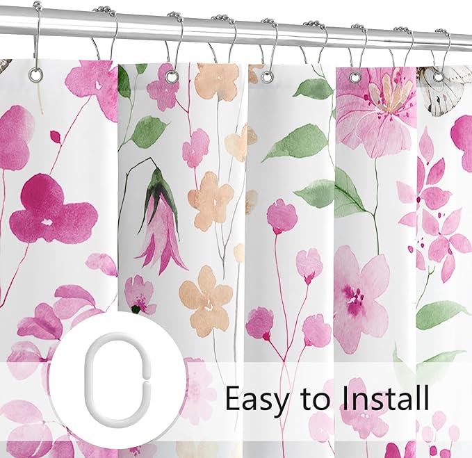 Pink Green Floral Shower Curtain, Cute Flower Fabric Shower Curtains for Bathroom, Watercolor Wildflower Butterfly Cloth Shower Curtain Set with Hooks, 72x72