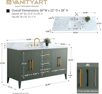 Vanity Art 60 inch Bathroom Vanity with Single Sink & Ceramic Top, Vanity Cabinet with Soft-Closing Doors, Drawers, Solid Wood Frame, Vintage Green, VA9060-SVG-MB1