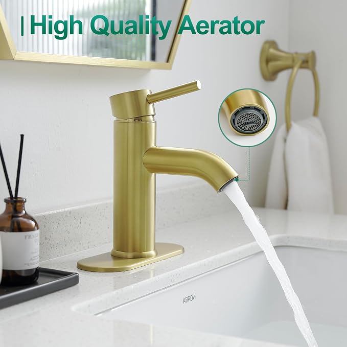Bathroom Faucet Brushed Gold Modern Bathroom Sink Faucet, Single Handle Faucet for Sink, Vanity, RV, Lavatory, Suitable for 1 or 3 Holes, with Supply Deck Plate and Hose