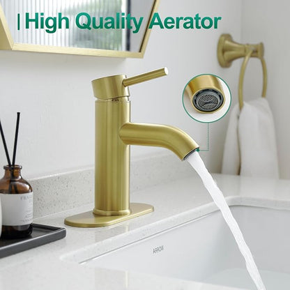 Bathroom Faucet Brushed Gold Modern Bathroom Sink Faucet, Single Handle Faucet for Sink, Vanity, RV, Lavatory, Suitable for 1 or 3 Holes, with Supply Deck Plate and Hose