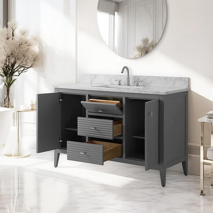 Vanity Art 48 inch Bathroom Vanity with Single Sink & Ceramic Top, Vanity Cabinet with Soft-Closing Door, Solid Wood Frame, Linear Pattern, Cashmere Gray, VA9148-G-MB,Matte Black Handles