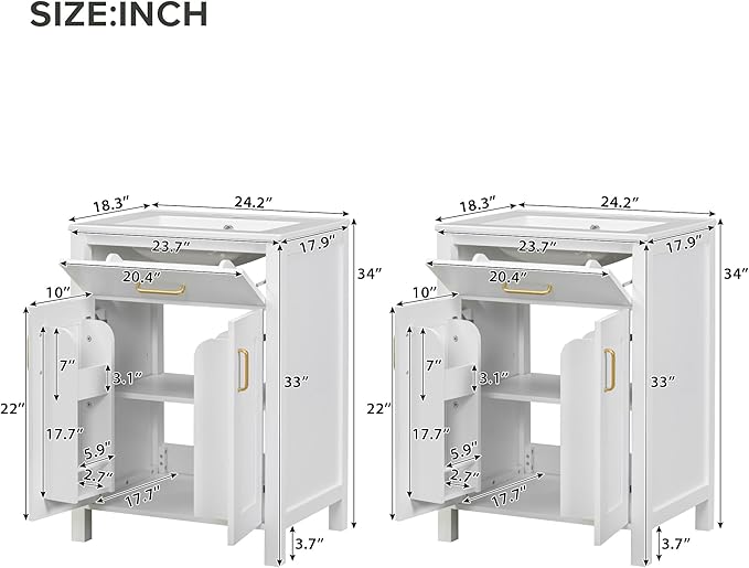 Harper & Bright Designs 48" Bathroom Vanity Set with Double Sink, Free Standing Single Basin Vanity Set with 2 Soft-Close Doors and Drawer, Wood Storage Cabinet with Ceramic Basin for Bathroom, White