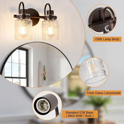 2 Lights Bathroom Vanity Light, Oil Rubbed Bronze Bathroom Light Fixtures with Hammered Glass Lampshade for Dressing Table,Over Mirror,Hallway