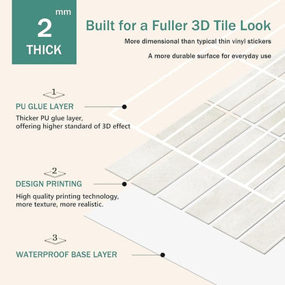 10-Sheet Peel and Stick Backsplash White Stick on Tile, Thick Self-Adhesive Wall Panels for Bathroom Vanity, Coffee Bar & Accent Walls (Light Beige)