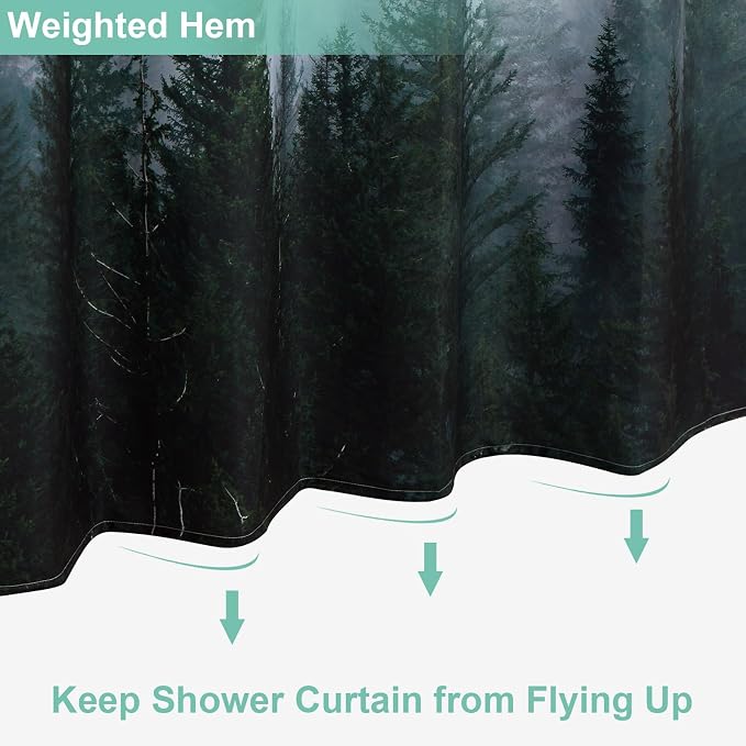ORTIGIA Dark Green Misty Forest Heavy Duty Shower Curtain for Bathroom, Nature Woodland Shower Curtain Set with Hooks, Decorative Pine Tree Fog Magic Bath Curtain for Home, 70x72