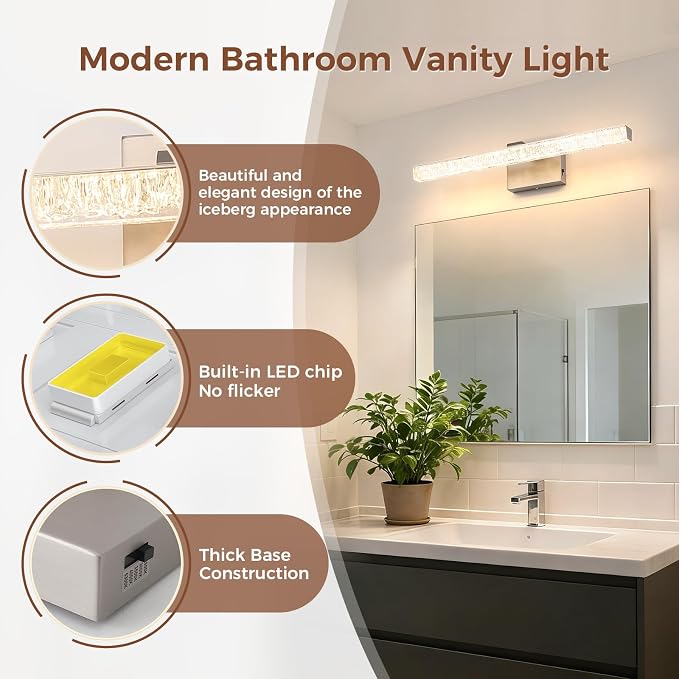 24 Inch LED Vanity Lights for Bathroom, 5CCT Selectable Brushed Nickel Bathroom Light Fixtures Over Mirror, Iceberg Crackle Acrylic Modern Wall Sconce, Dimmable Slim Bar for Mirror Cabinet