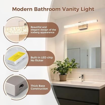 24 Inch LED Vanity Lights for Bathroom, 5CCT Selectable Brushed Nickel Bathroom Light Fixtures Over Mirror, Iceberg Crackle Acrylic Modern Wall Sconce, Dimmable Slim Bar for Mirror Cabinet