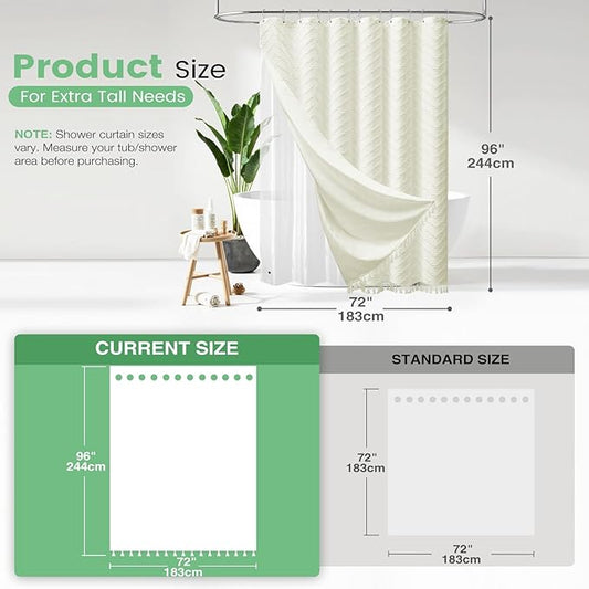 Dynamene Extra Long Shower Curtain and Liner Set - 96 inch Tall Boho Shower Curtain and Waterproof Clear Liner, Tufted Chevron Striped Tassel Shower Curtains for Bathroom, 12 Hooks, 72x96, Cream