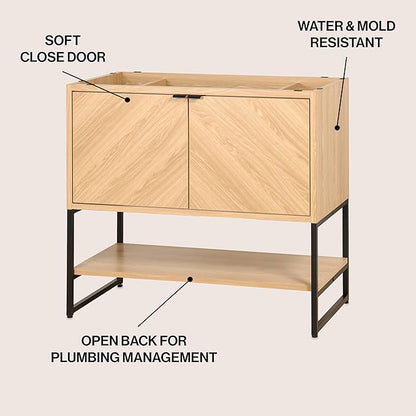 JONATHAN Y VAN1015A Juhl 35 in. W x 18 in. D x 33 in. H Chevron-Front Modern Minimalist 2-Shelf Bathroom Vanity Cabinet Only with Soft Closing Doors (Sink Basin Not Included), Oak