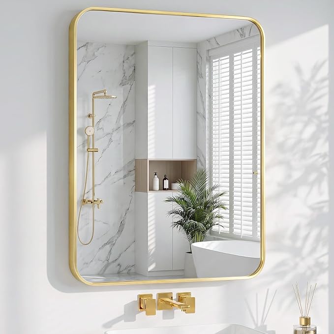 Bathroom Mirror for Wall, 30"x40" Black Bathroom Mirror for Over Sink, Shatterproof Tempered Glass Vanity Mirror with Anti-Rust Aluminum Alloy Frame, Hang Horizontally or Vertically, Gold