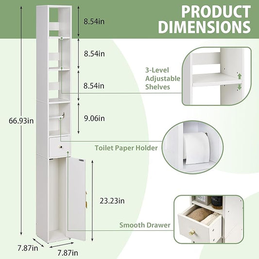 VECELO Narrow Bathroom Storage Cabinet with 3 Adjustable Shelves, 67" Tall Freestanding Cabinet with Toilet Paper Holder, Slim Tower Cabinet with Magnetic Door & Drawer, for Small Spaces, White