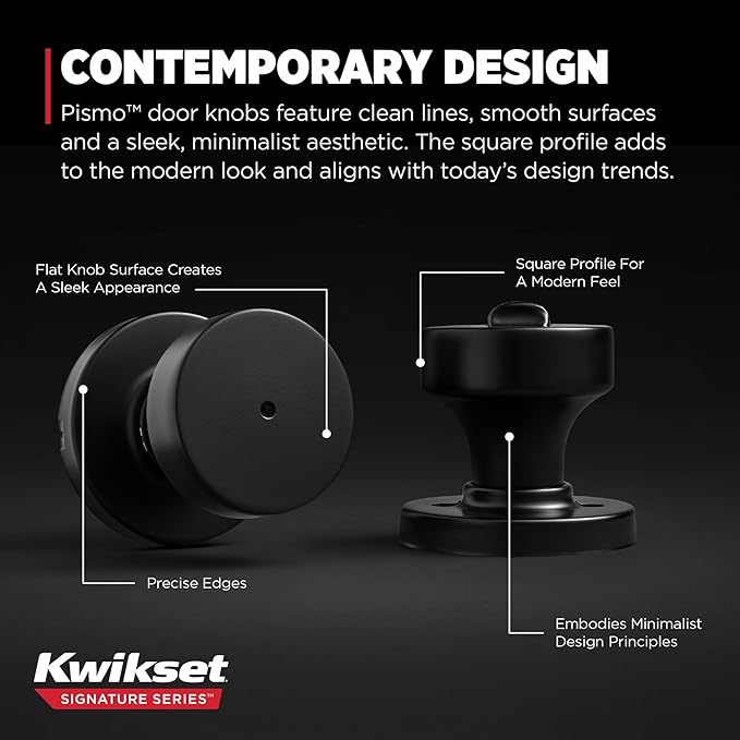 Kwikset Pismo Interior Privacy Door Knob with Lock,Door Handle for Bathroom and Bedroom,Matte Black Keyless Turn Lock Doorknob,with Microban Protection,(Pack of 10)