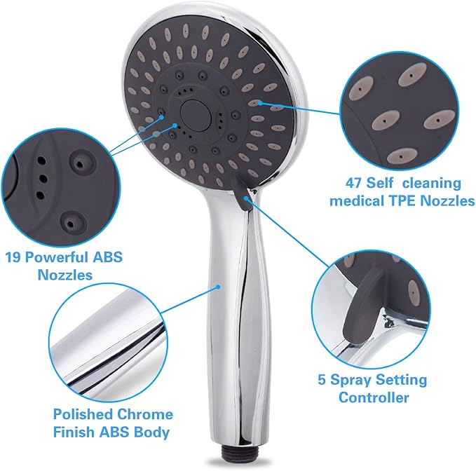 High Pressure Handheld Shower Head Briout 5-Settings Powerful Water Spray Shower Head against Low Pressure Water Flow with Stainless Hose and Adjustable Mount